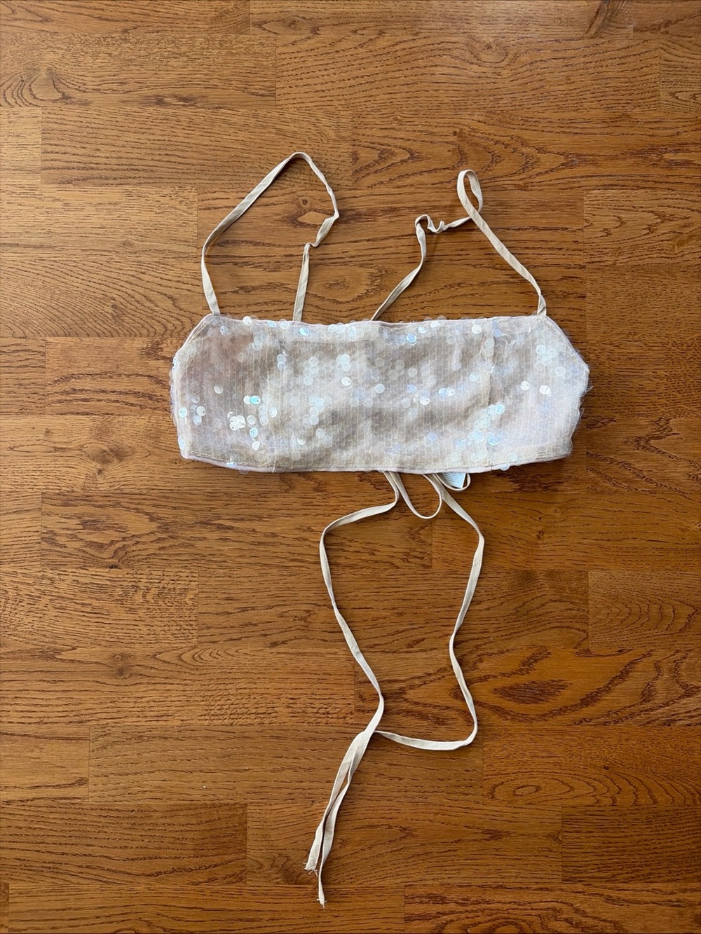 Pretty Little Thing Sequin Light Nude Bandeau Bra Bralette Tie US 4 Beige Crop